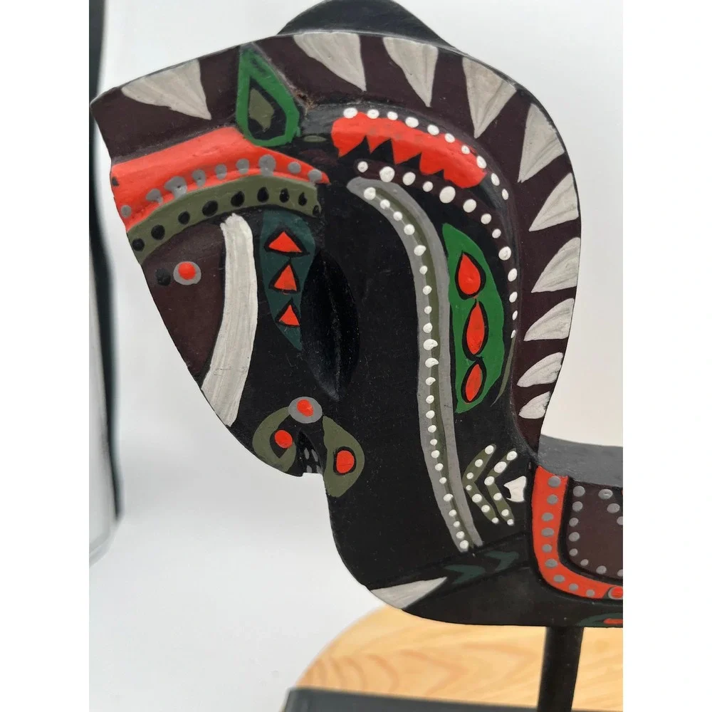 Painted Wooden Horse Folk Art Figurine on Black Pedestal Stand Pier 1